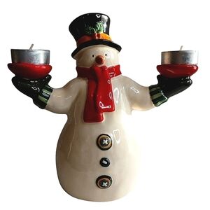 Vintage Russ Berrie Christmas Snowman Double Candle Holder w/ Candles